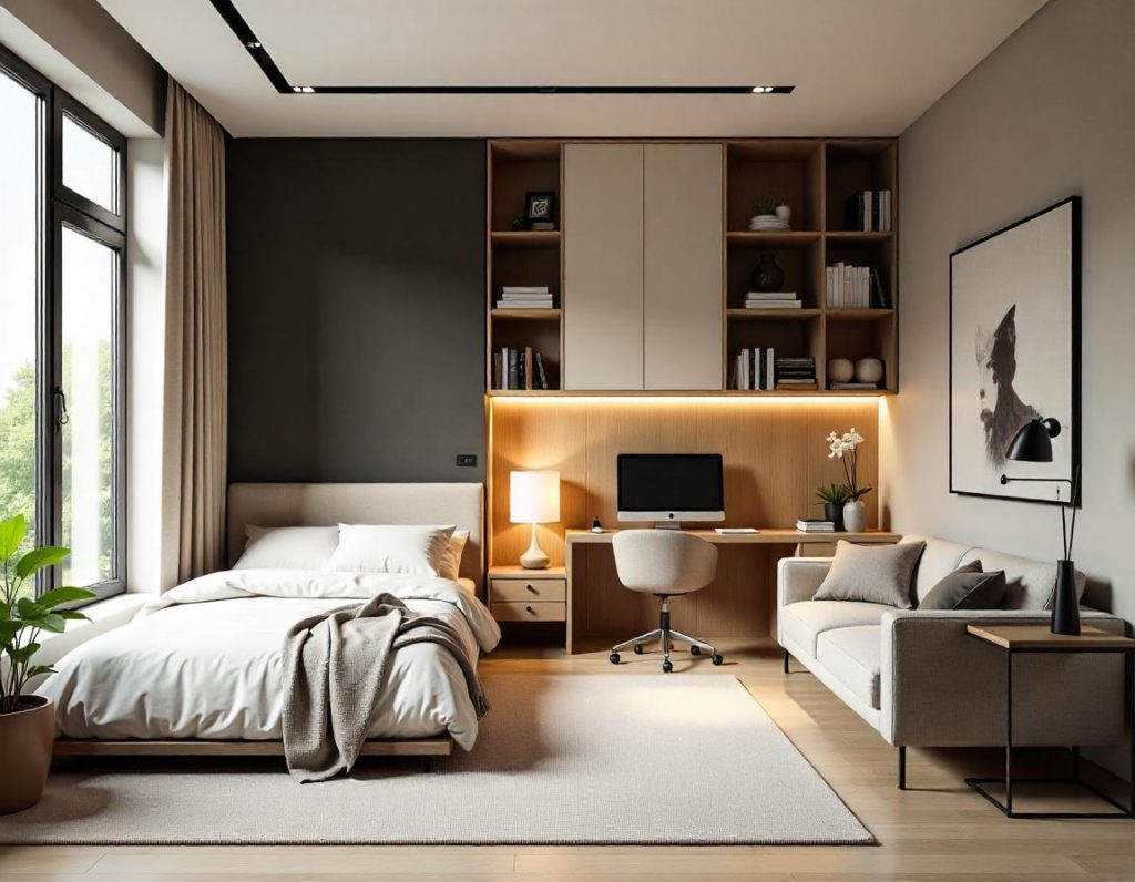 Espacio multifuncional que integra un dormitorio, oficina y sala de estar, con una cama acogedora, un área de trabajo modular y un cómodo sofá, todo iluminado por luz natural.