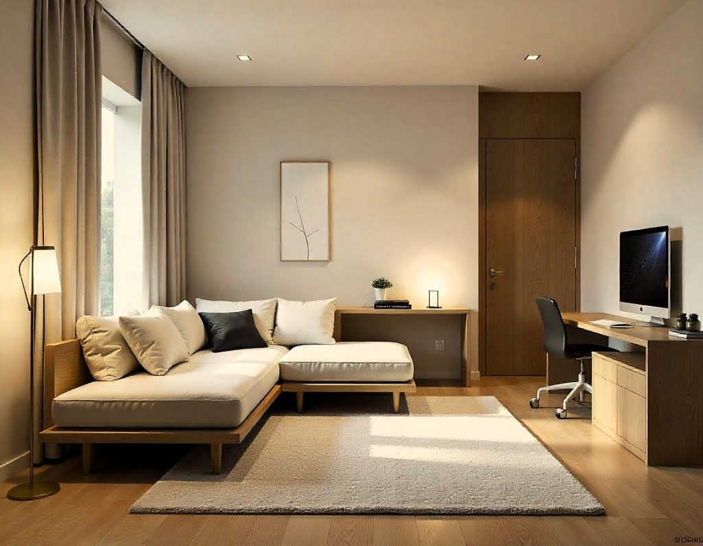 Vista de un espacio multifuncional que combina una sala de estar con sofá-cama, una zona de trabajo con escritorio y computadora, y estantes funcionales