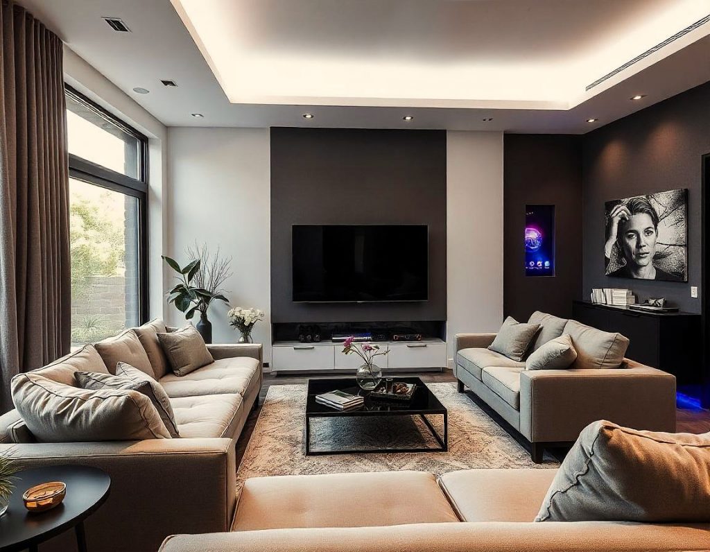 Moderna sala de estar con tecnología avanzada, incluyendo un televisor de pantalla plana, panel de control y dispositivos de seguridad integrados