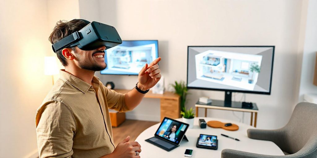Estudio de diseño contemporáneo donde un diseñador usa gafas de realidad virtual para explorar un modelo 3D de una casa, rodeado de tecnología de AR y VR, con una computadora que muestra opciones de diseño.