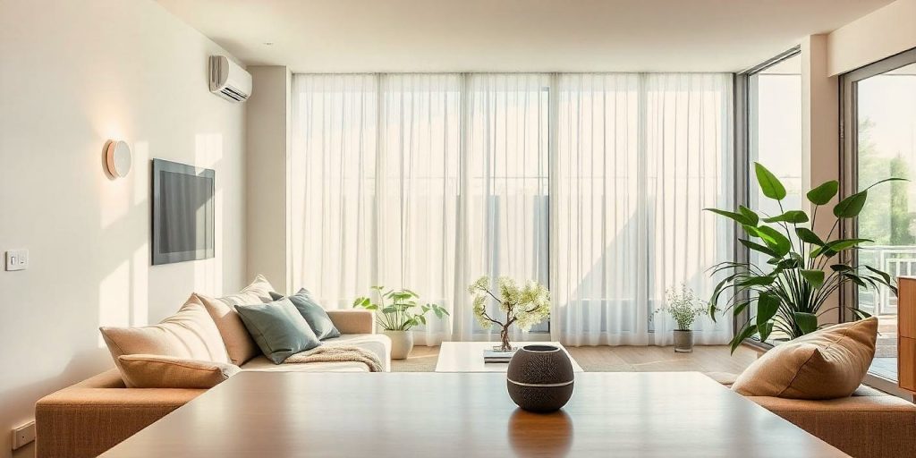 Salón moderno y luminoso de un hogar inteligente, con luces LED ajustadas automáticamente, un termostato inteligente en la pared y un dispositivo de control central en el centro, rodeado de electrodomésticos inteligentes y persianas automáticas.