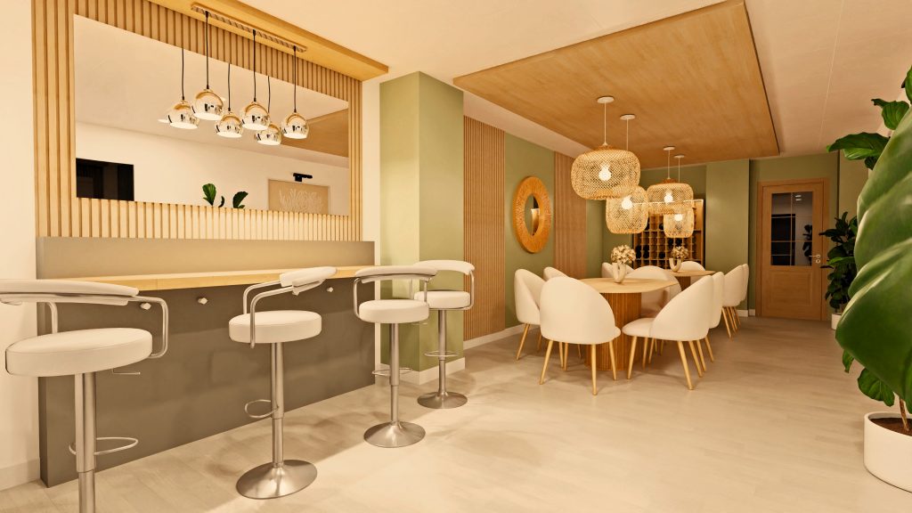 Infografía 3D que muestra un reservado de restaurante elegante, con una pequeña barra de bar, banquetas, mesas para seis comensales, lámparas de mimbre, una vinoteca de madera, y una paleta de colores neutros con toques de verde y elementos naturales.