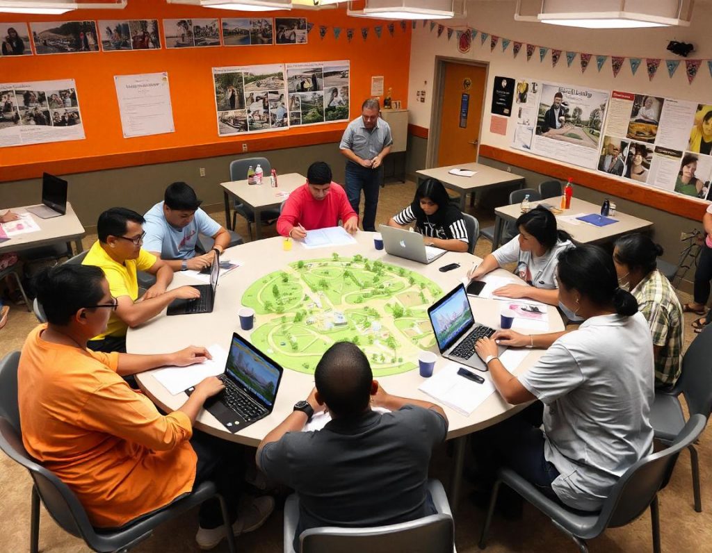 Grupo de personas trabajando juntas en un estudio común, utilizando computadoras y colaborando en un proyecto de diseño comunitario.