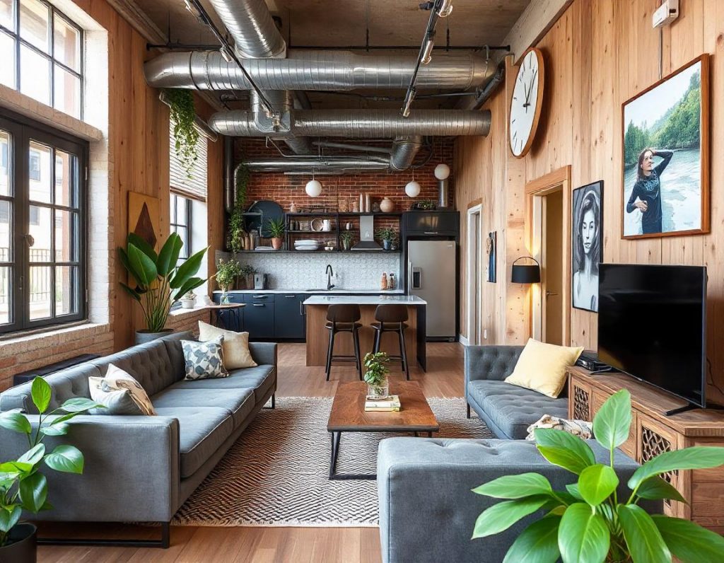 Interior de un apartamento industrial con paredes de ladrillo expuesto, tuberías visibles y muebles de metal y madera, decorado con plantas y arte moderno