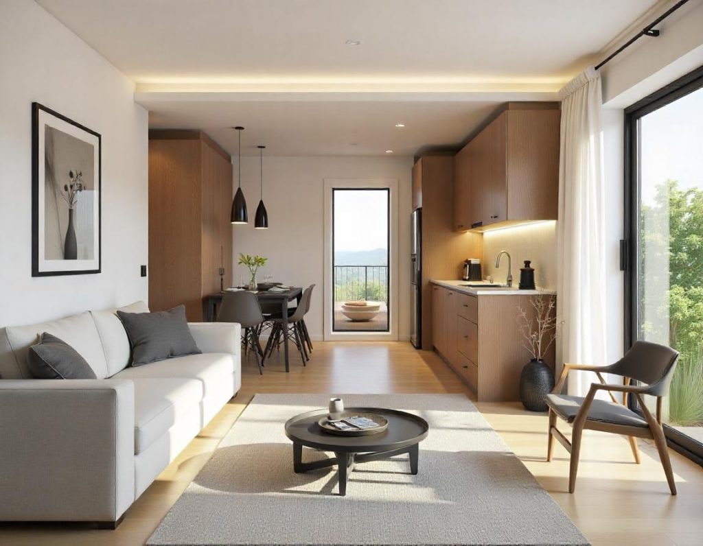 Render 3d de espacio abierto en vivienda pequeña para hacerla más amplia