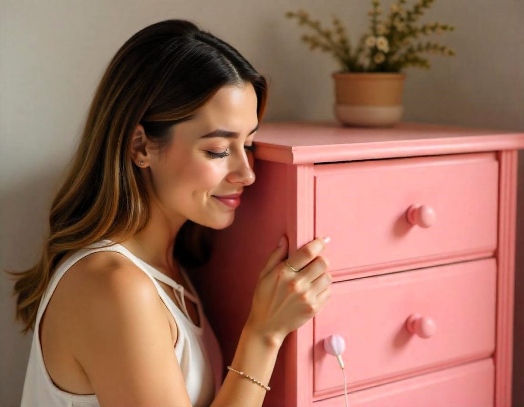 Persona sonriendo y admirando su mueble renovado, mostrando alegría y satisfacción por su trabajo manual.