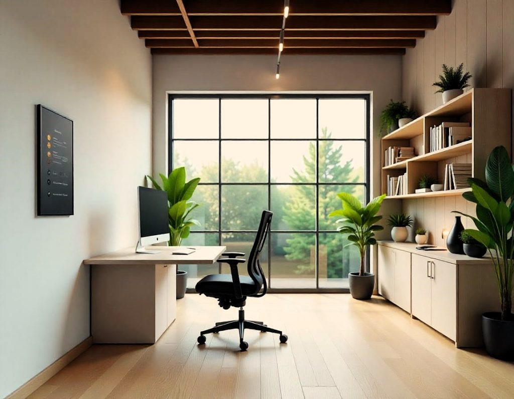 Oficina contemporánea equipada con un escritorio minimalista, monitor de pantalla plana y tecnología de gestión ambiental
