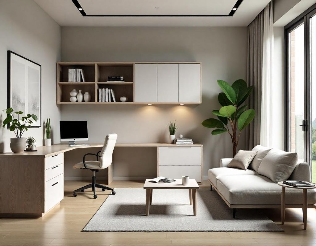 Espacio multifuncional que combina una oficina y una sala de estar, con un escritorio moderno, un cómodo sofá y decoración contemporánea, todo iluminado por luz natural.