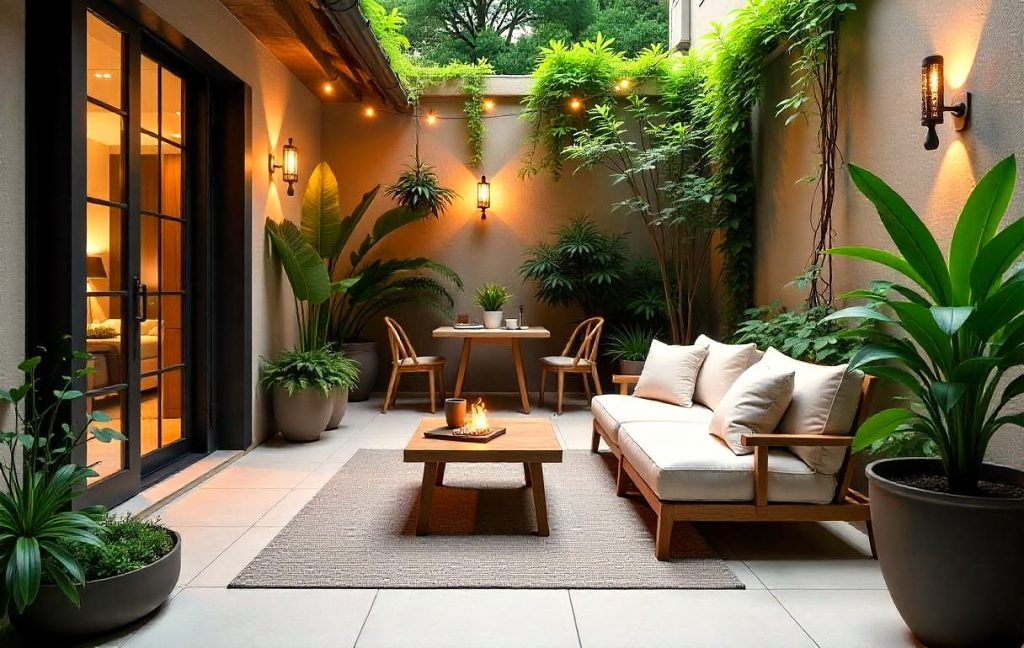 Imagen de un patio trasero bien diseñado con una terraza, muebles cómodos y un hermoso jardín, en un día soleado.