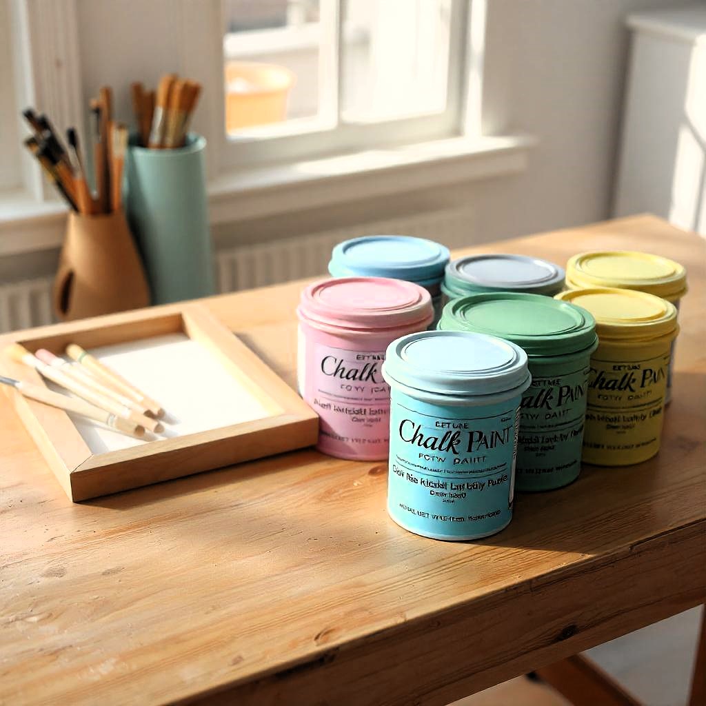 Primer plano de una mesa de trabajo con varios botes de chalk paint de diferentes colores