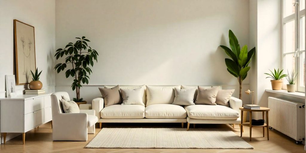 Espacio interior minimalista con muebles de líneas limpias, paleta de colores neutros y decoración sencilla