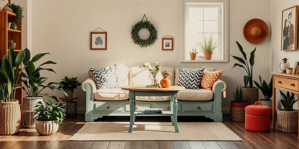 Espacio acogedor con un mueble renovado pintado con chalk paint, decorado con elementos frescos y naturales