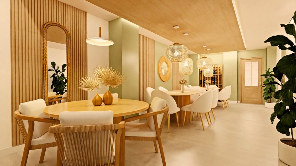 Imagen de un restaurante decorado con madera, elementos naturales, colores neutros y plantas, creando un ambiente cálido y acogedor.