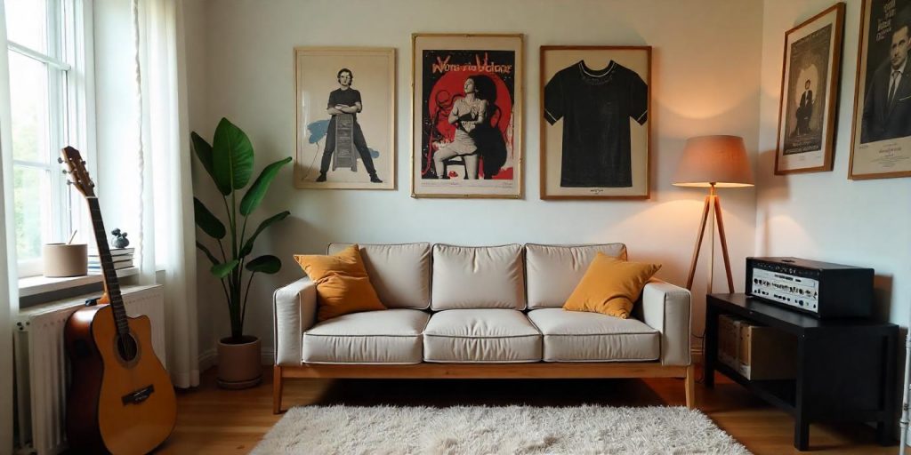 Espacio acogedor decorado con carteles de artistas, equipo de sonido y una guitarra, reflejando la pasión por la música