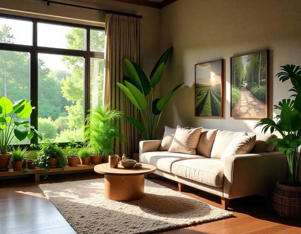 Sala de estar moderna de estilo biofílico con muebles de madera, plantas en macetas y grandes ventanas que permiten la entrada de luz natural.