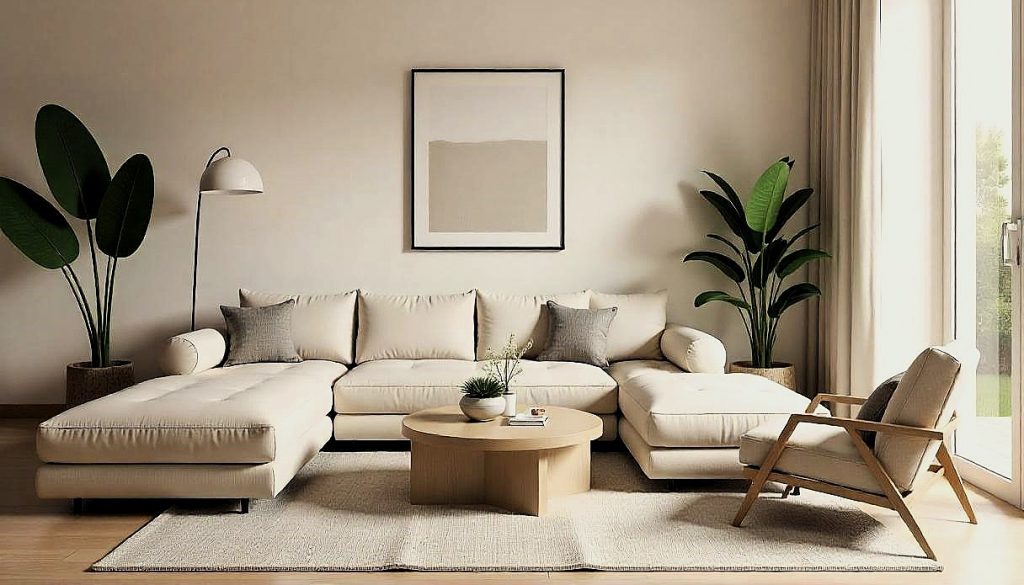 Sala de estar de estilo minimalista con colores neutros, plantas verdes y motivos personales