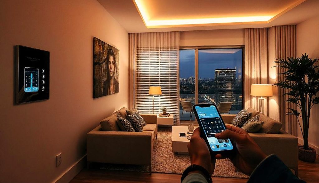 Sala de estar moderna equipada con tecnología inteligente, incluyendo un televisor de pantalla plana, panel de control táctil y dispositivos de seguridad