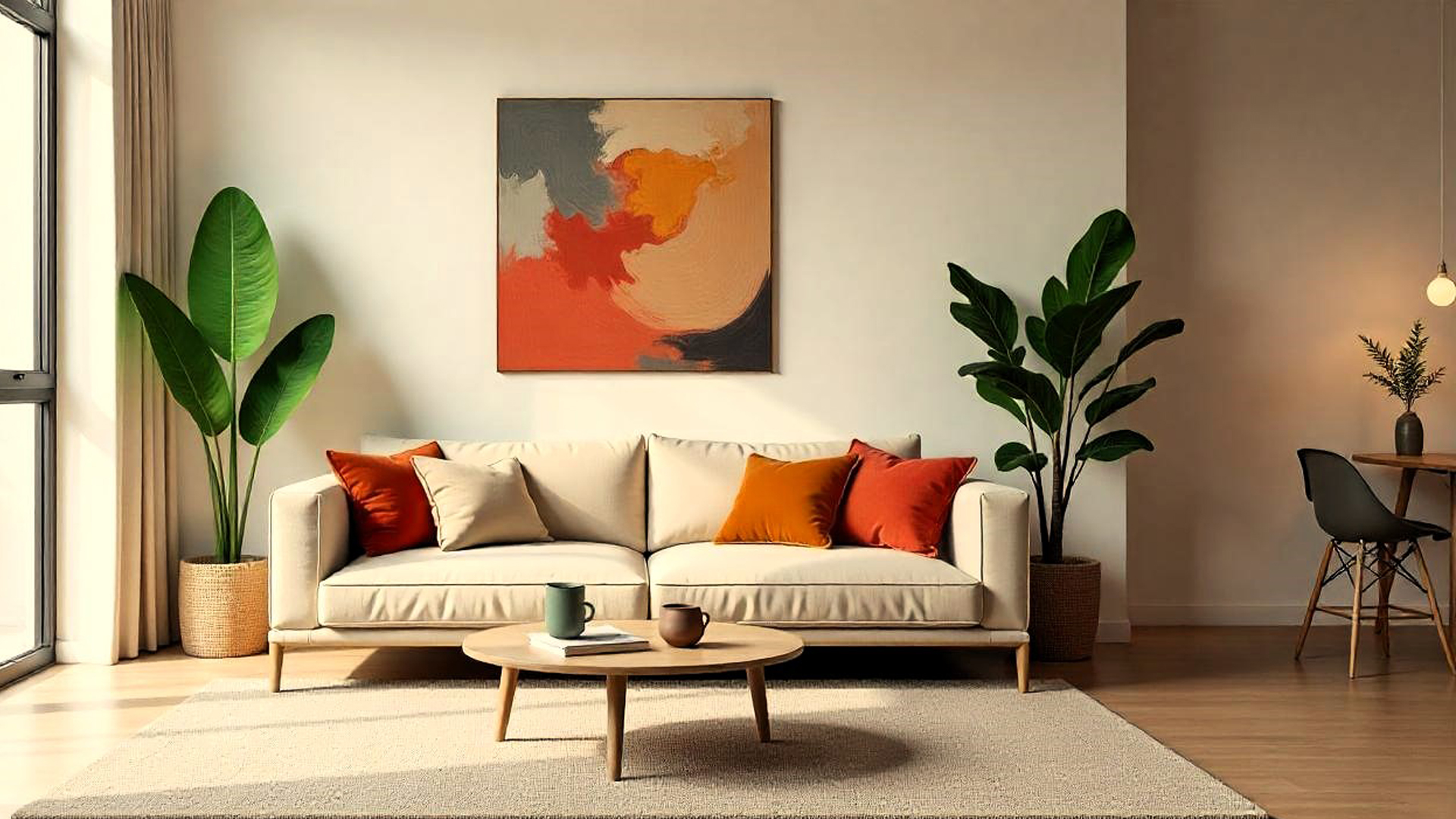 Espacios habitables. Salón moderno con elementos de diseño y materiales sostenibles