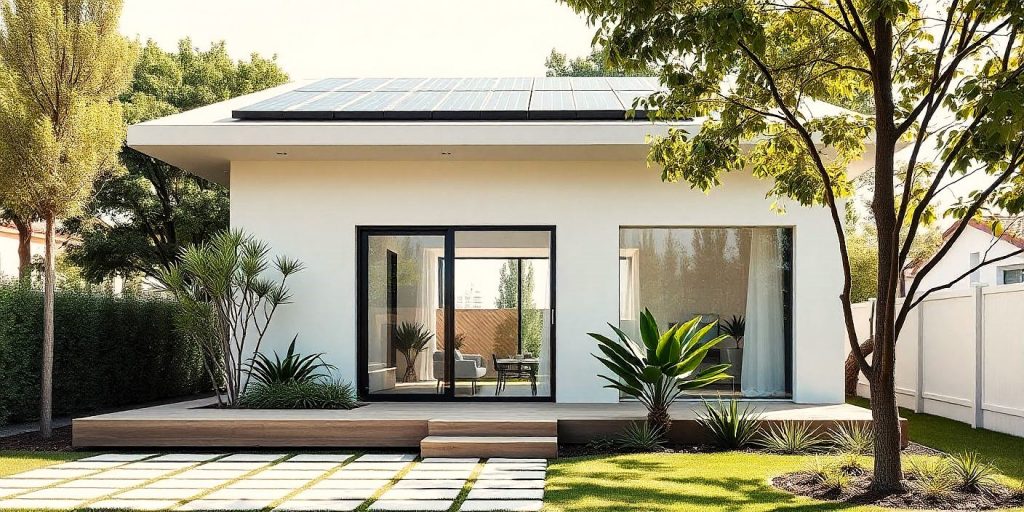 Fachada de una pequeña casa ultra moderna con líneas rectas, paneles solares visibles y una amplia cristalera