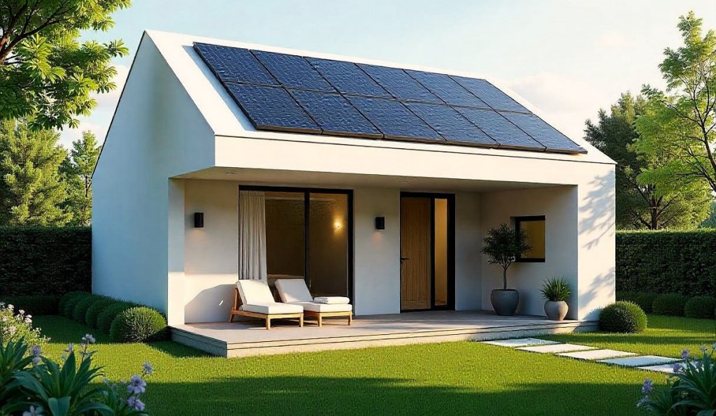 Imagen de una casa con ventanas de doble acristalamiento y paneles solares en el techo, transmitiendo sostenibilidad y eficiencia.