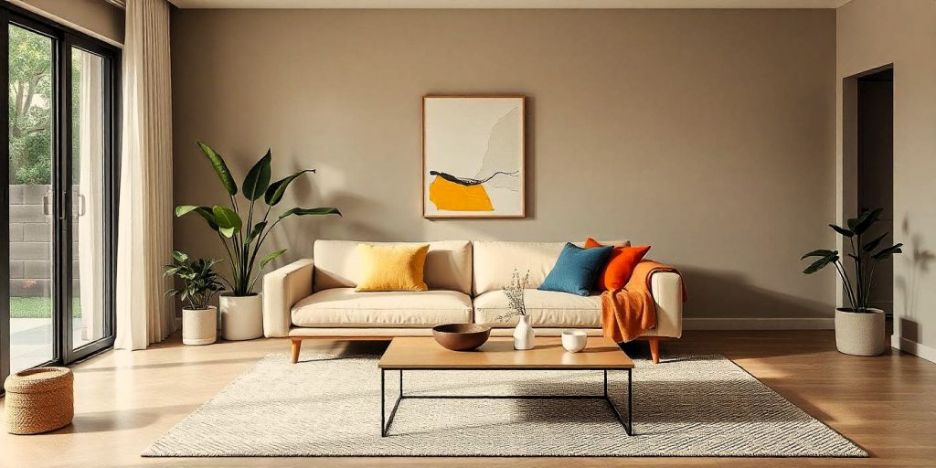 Sala de estar minimalista con un sofá sencillo, cojines de colores vibrantes y elementos decorativos que reflejan la personalidad del propietario