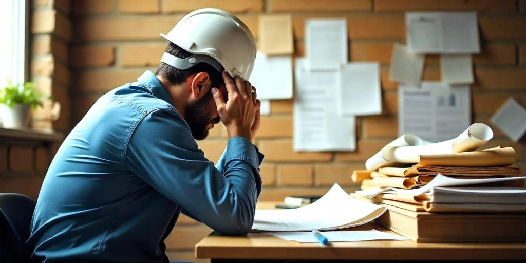 Un trabajador de la construcción frustrado, rodeado de papeleo, mira un reloj de arena casi vacío