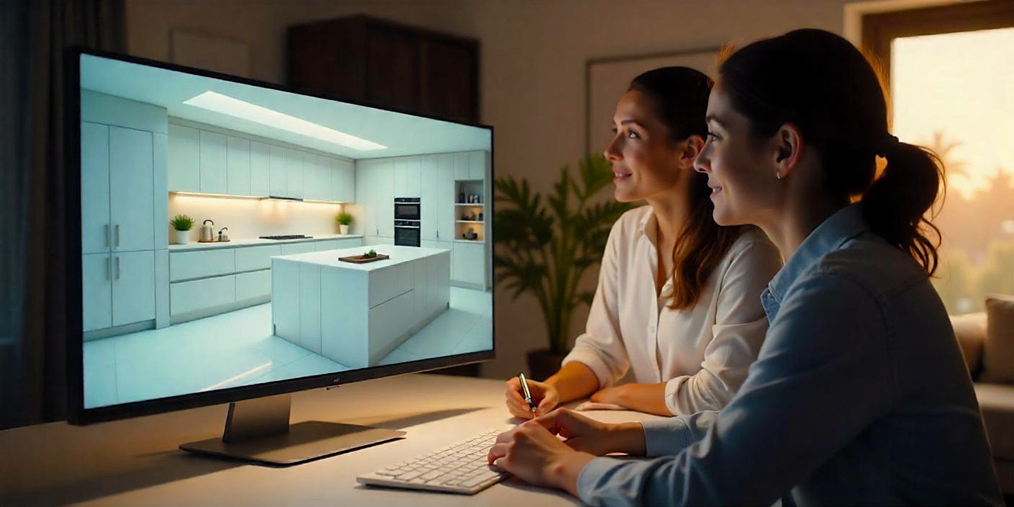 Infografía 3D de una cocina moderna y funcional
