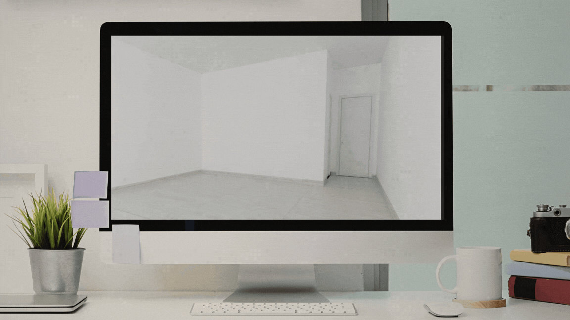 Una secuencia de infografías 3D muestra la transformación de un espacio vacío en un ambiente completamente renovado.