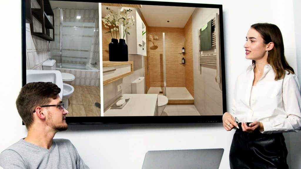 Profesional de la visualización 3D presentando un proyecto de reforma de baño en una pantalla