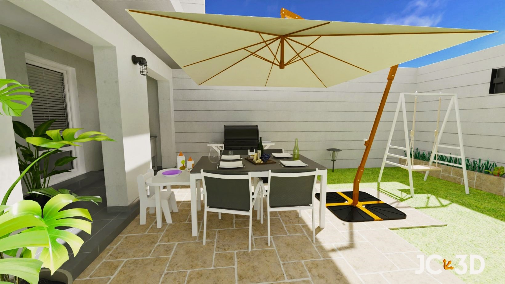 Vista detallada de un patio trasero ideal para una vivienda unifamiliar en Sevilla.