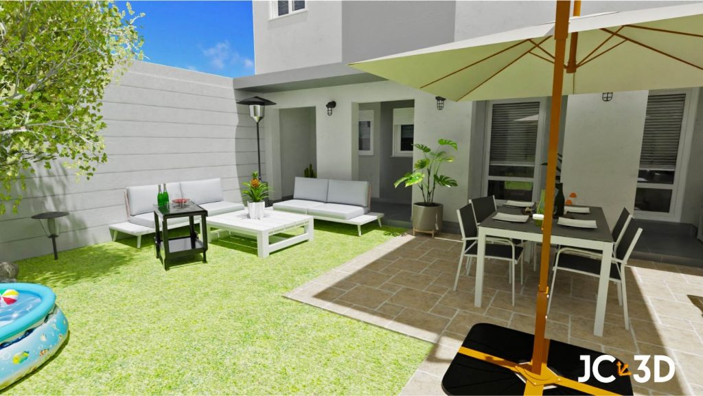Representación 3D de un patio trasero amueblado y diseñado para el disfrute en Sevilla