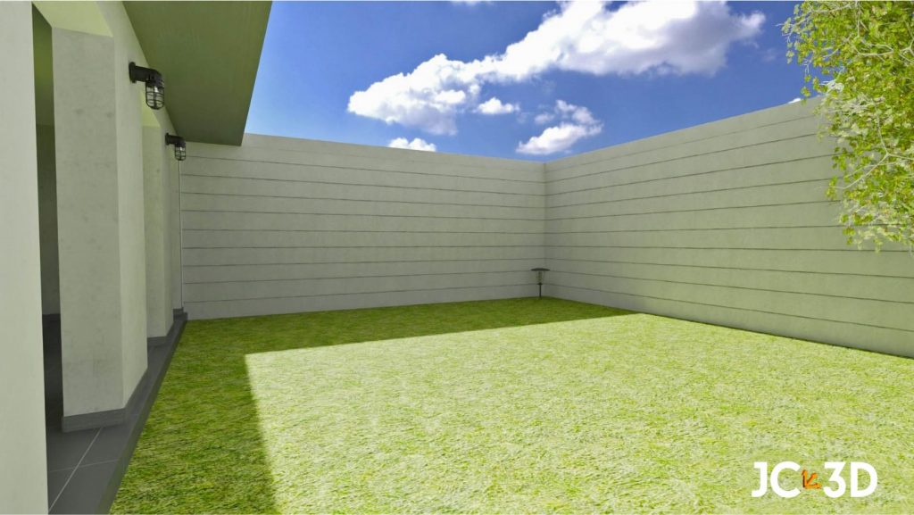 Representación 3D de un patio trasero sin amueblar en una vivienda unifamiliar sevillana