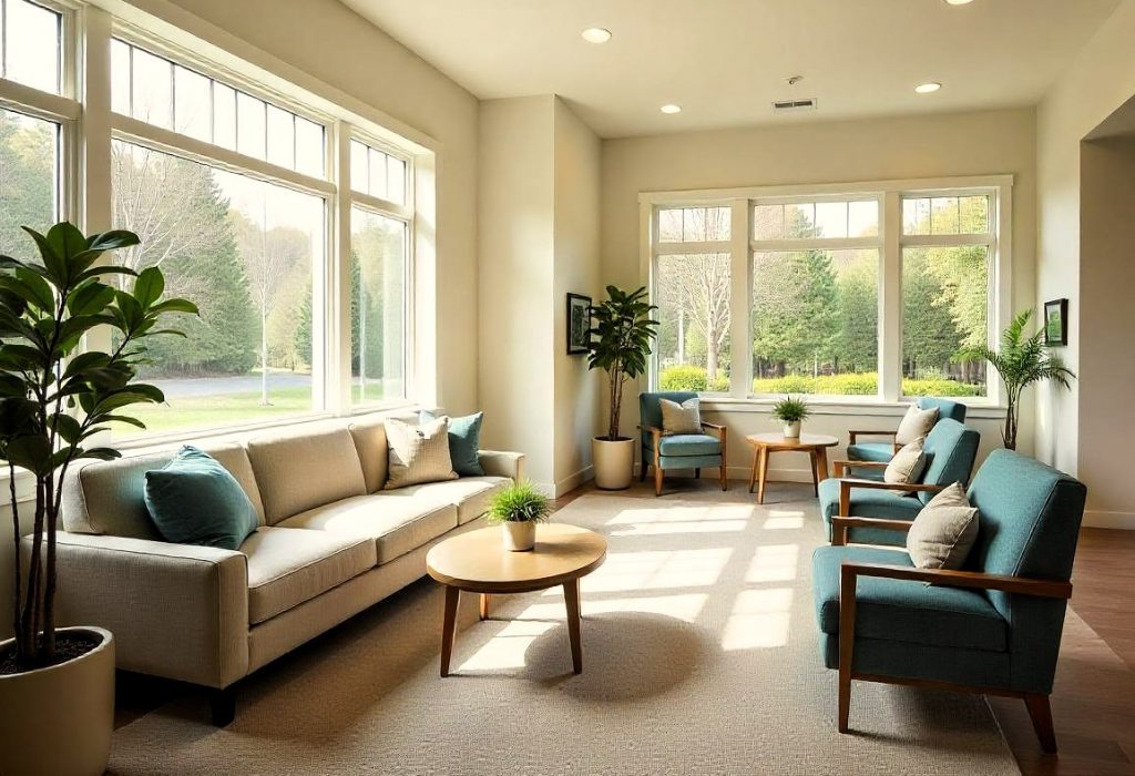 Amplia y luminosa sala de estar común en la comunidad de senior living, con grandes ventanales y decoración cálida
