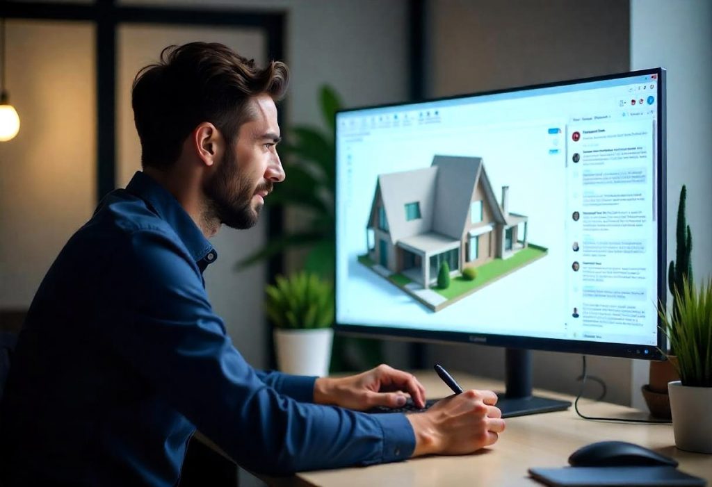 Un profesional de la infografía 3D realizando ajustes en un modelo 3D en su computadora, mientras se comunica con un cliente a través de un chat