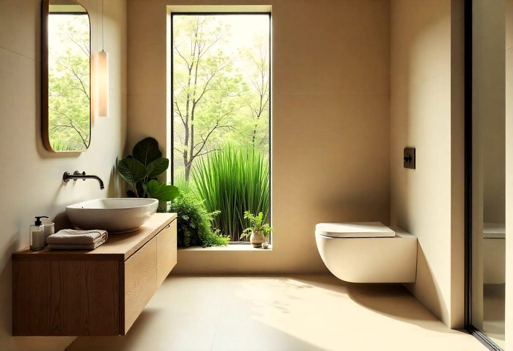 Baño minimalista decorado en estilo Japandi, con placa de ducha, lavabo de madera y plantas decorativas