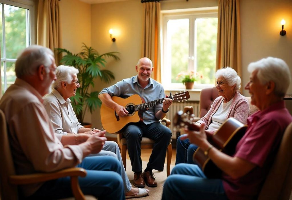 Residentes de la comunidad de senior living participando en una clase de música guiada por un monitor