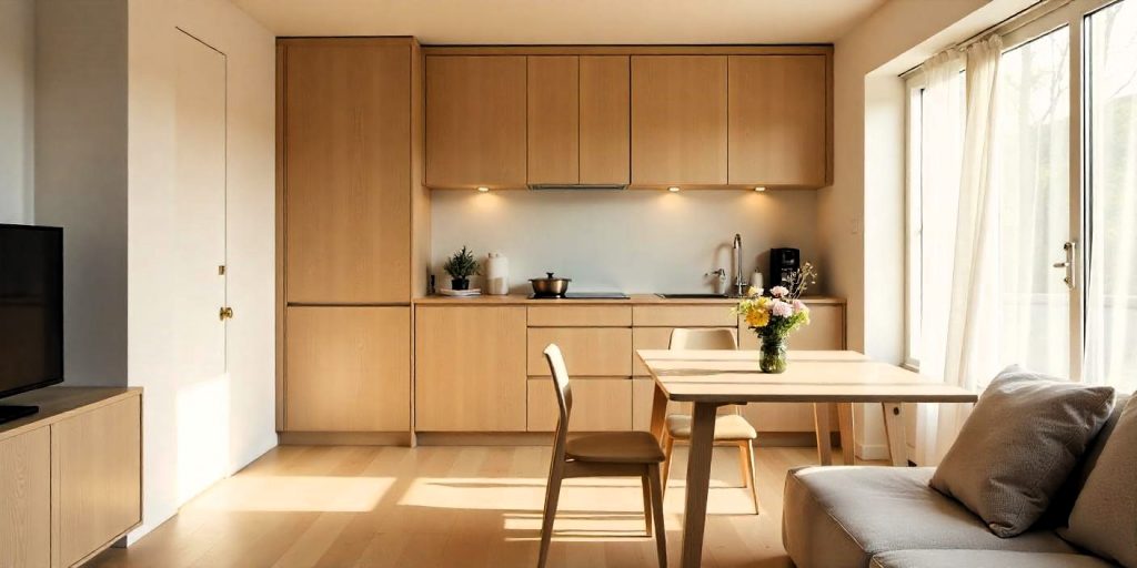 Cocina abierta y comedor en estilo Japandi, con muebles de madera clara y decoración minimalista en una vivienda pequeña.