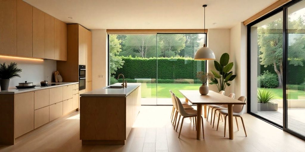 Cocina abierta y comedor en estilo Japandi, con muebles de madera clara y decoración minimalista en una vivienda grande