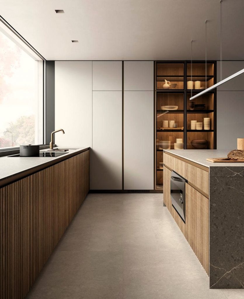 Cocina elegante con paneles que integran electrodomésticos y almacenamiento, ofreciendo un diseño armonioso