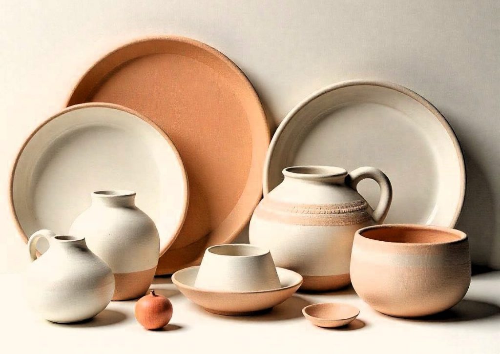 Primer plano de una colección de piezas de cerámica en tonos suaves de blanco, gris y terracota, con texturas variadas.