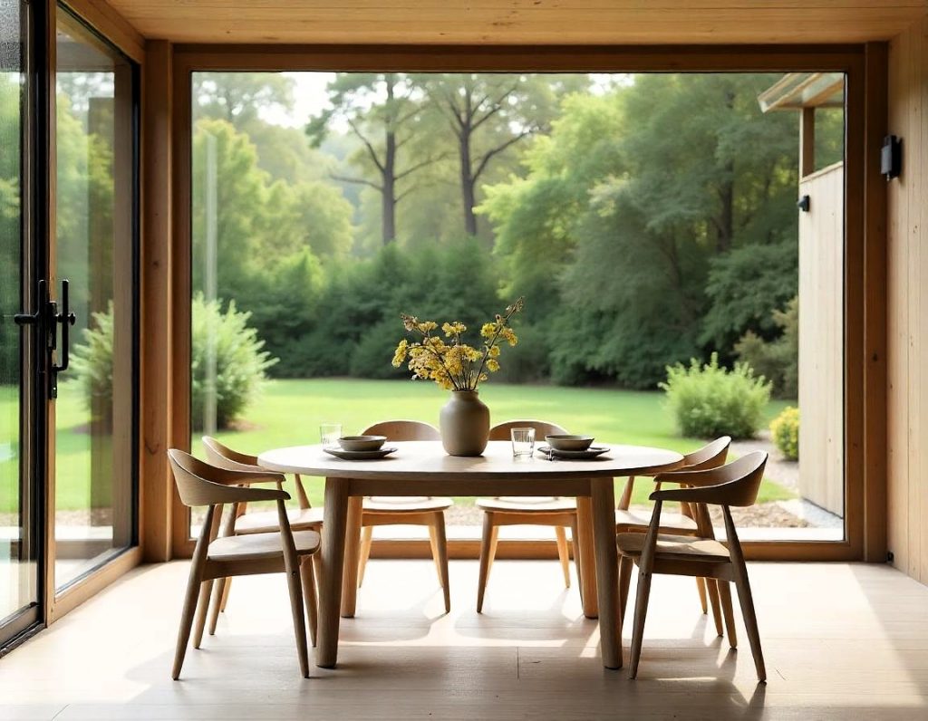 Comedor con mesa y sillas de madera clara, vajilla de cerámica para dos comensales y un jarrón de cerámica en la mesa, iluminado por luz natural que entra por ventanas abiertas al patio exterior