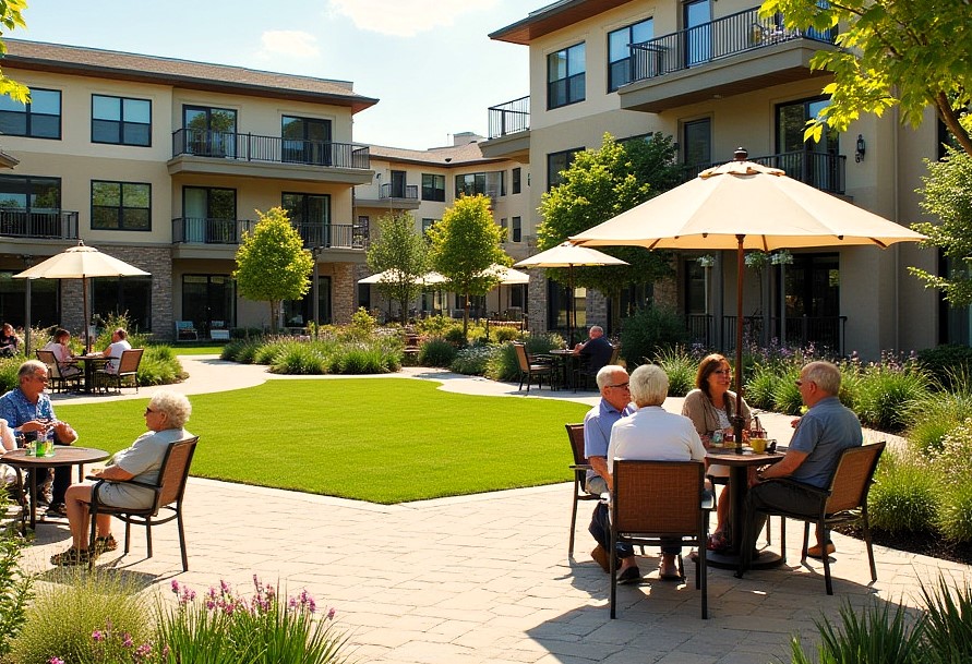 Residentes de la comunidad de senior living charlando y disfrutando en la terraza de la zona común exterior