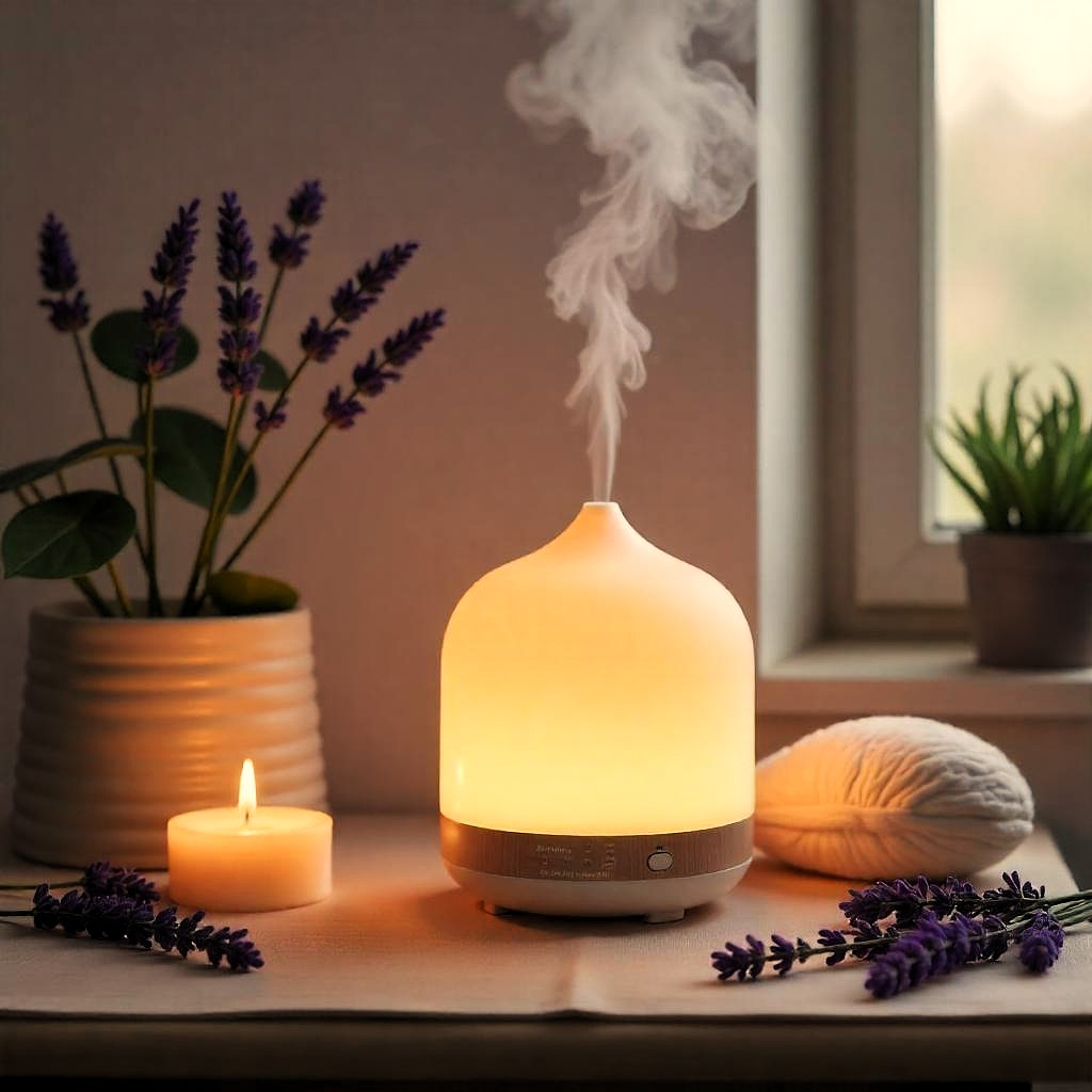 Difusor moderno de aceites esenciales emitiendo vapor y fragancia de lavanda en un ambiente acogedor