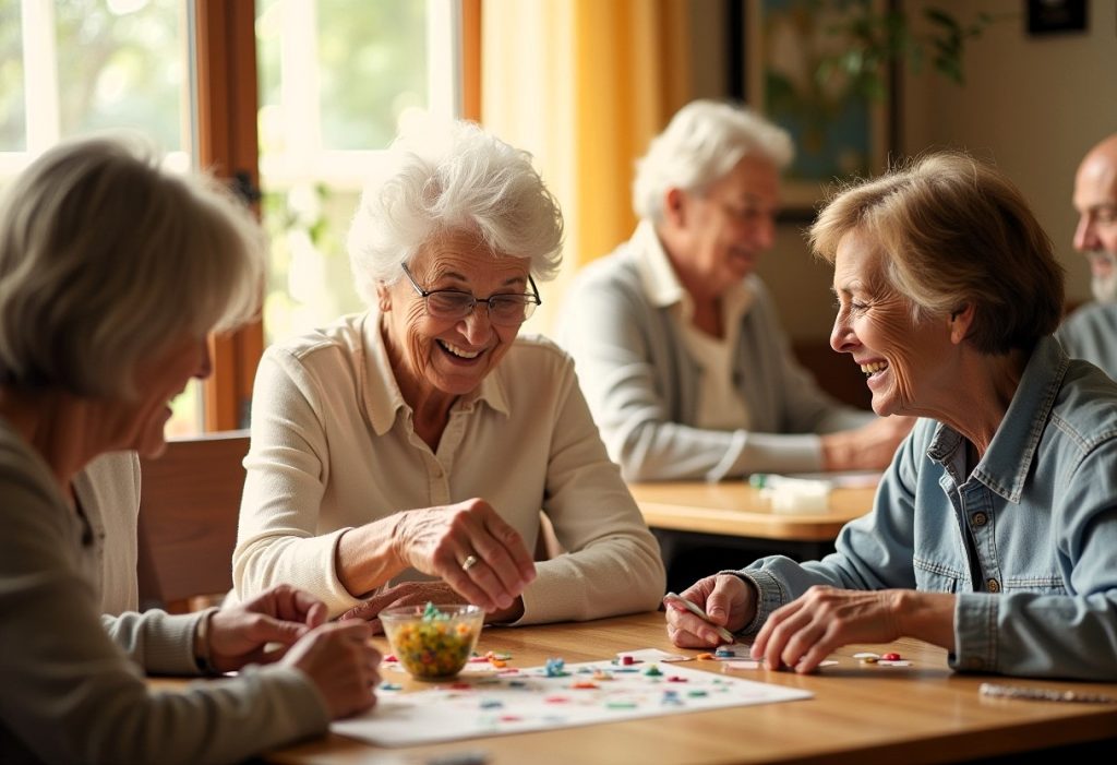 Residentes de la comunidad de senior living jugando a juegos de mesa en una zona común