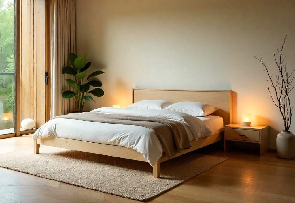 Sereno dormitorio decorado en estilo Japandi, con cama de madera clara, edredón neutro y mesitas de noche minimalistas