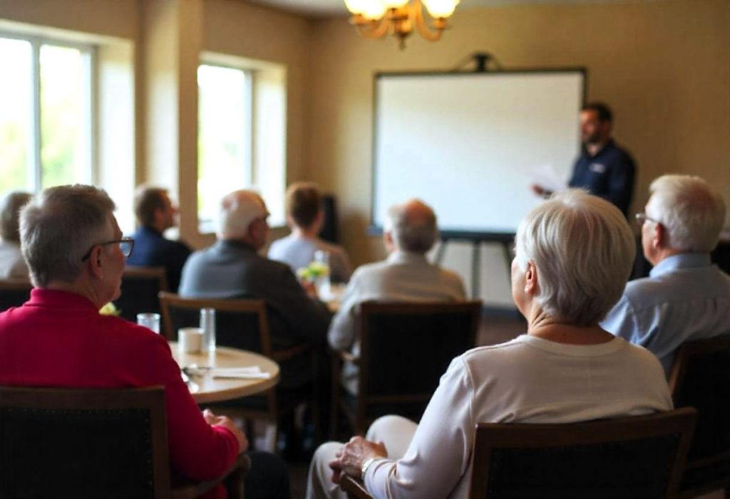 Grupo de personas mayores y sus familias participando en un taller sobre opciones de cuidado y servicios en una comunidad de senior living.