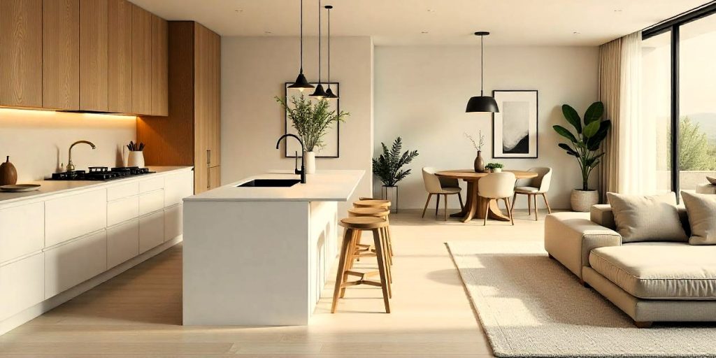 Cocina abierta con isla central, comedor y salón en un diseño minimalista que promueve el bienestar