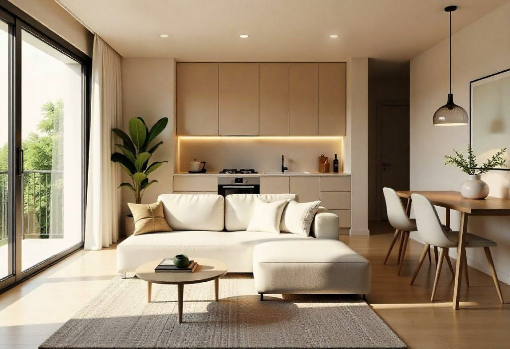 Salón, comedor y cocina en un diseño de concepto abierto, con paleta de colores neutros y elementos naturales