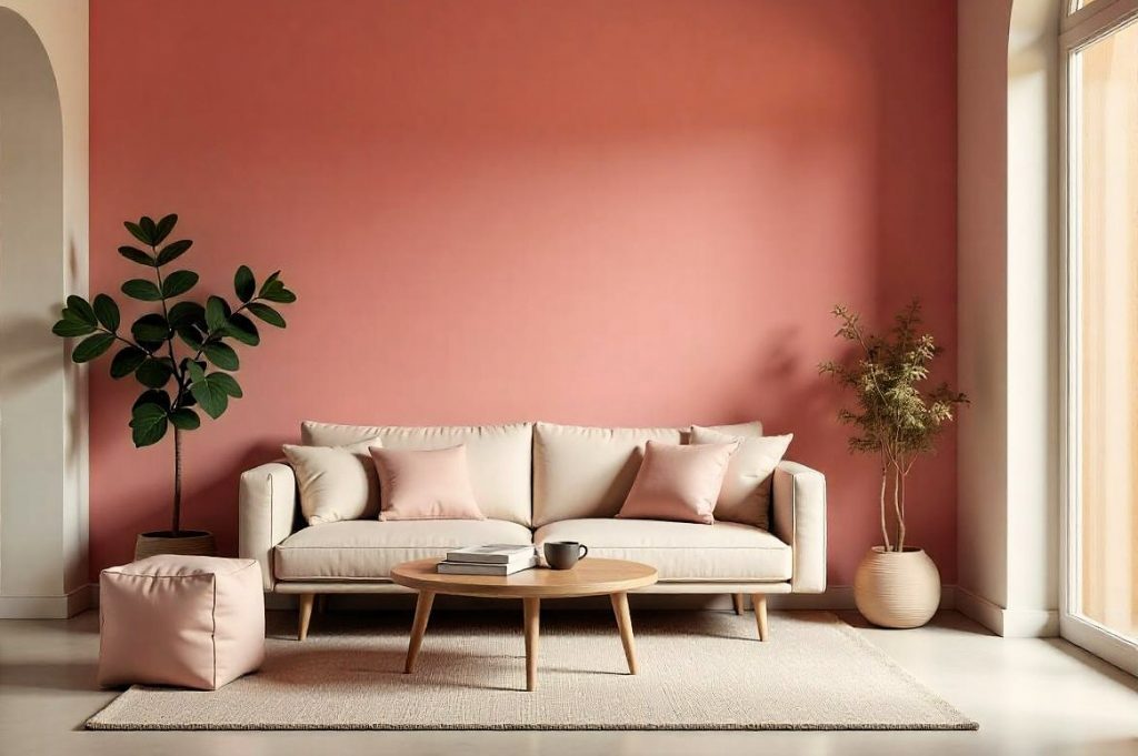 Interior con pared de acento en tono suave, rodeada de una paleta de colores neutros que crea un ambiente sereno y equilibrado