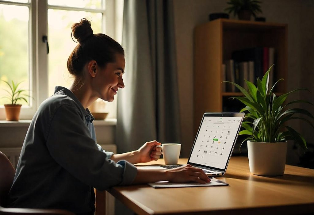 Diseñadora y profesional de la infografía 3D trabajando desde su hogar, sentado en la mesa del comedor con una laptop, una taza de café y un bollo, simbolizando la flexibilidad en horarios